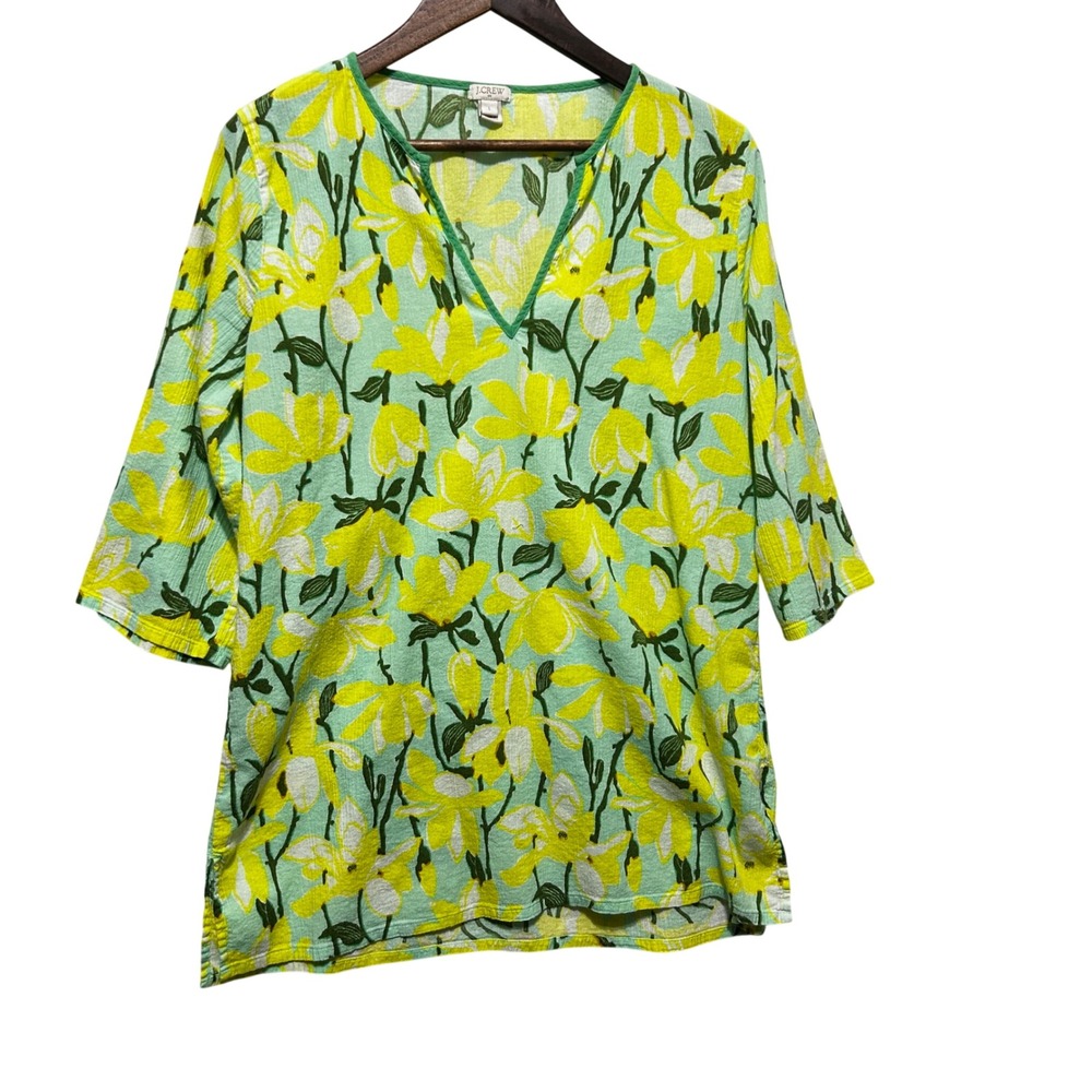J Crew Women Coastal Tunic Top L‎ Green Yellow Floral Lightweight Cotton Blouse